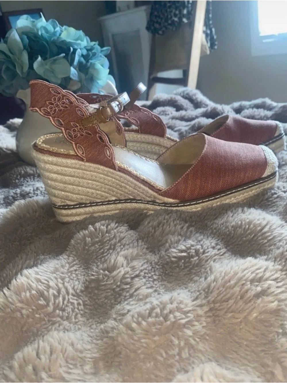 Crown Vintage Coral Pink Espadrille Wedge Sandals with Ankle Strap